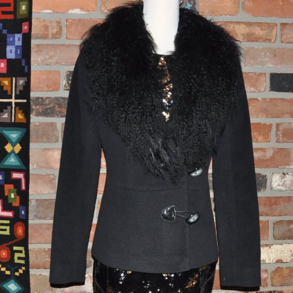 Mallia Makesima Angora Mongolian Lambs Wool Fur Collar Coat Jacket Black 4